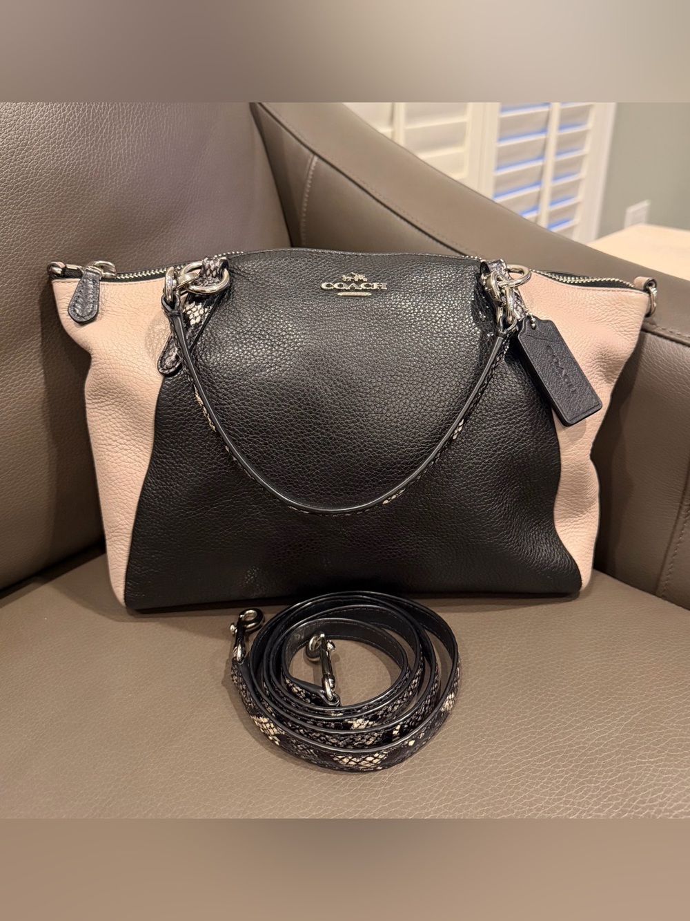 Coach Christie Black & Nude Colorblock Carryall Pebbled Leather Satchel‎ Bag